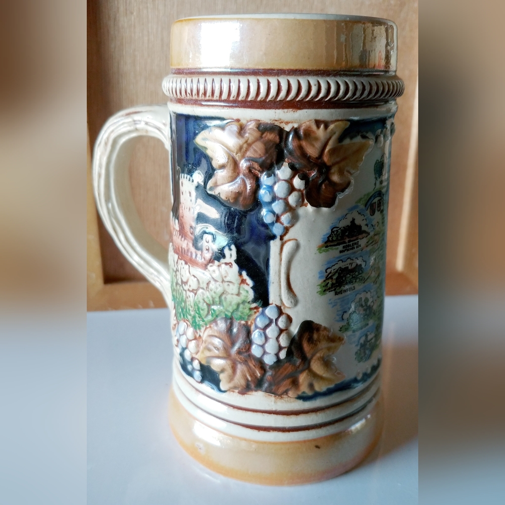 Vintage King Ceramic Beer Stein with Castle and Grapes Design